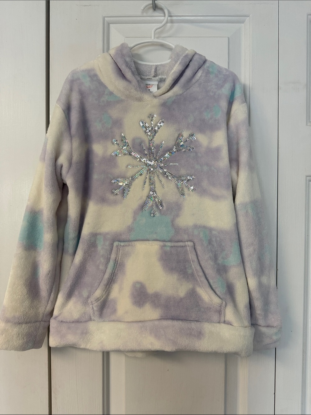 Kids Plush Tie-Dye Hoodie with Sequin Snowflake - Lavender, Cream & Aqua